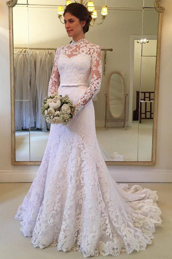 Retro Long Sleeve Lace High Neck Wedding Dress with Bowknot Belt