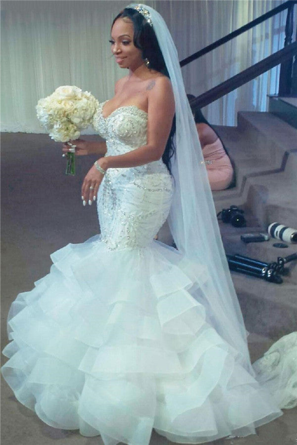 Sexy Strapless Tiered Tulle Mermaid Beadings Bridal Wedding Dress