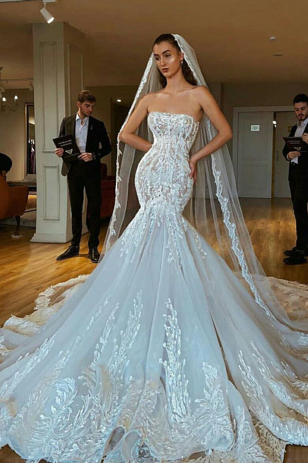 Sexy Strapless Open Back Mermaid Bridal Wedding Dress with Appliques