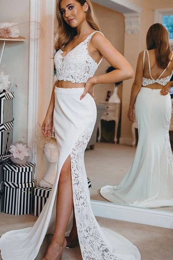 Open Back Two Piece Lace Beach Wedding Dress with Sexy Split