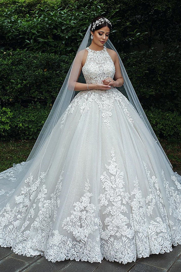 Sleeveless Beadings Lace Halter Hollow Back Ball Gown Wedding Dress