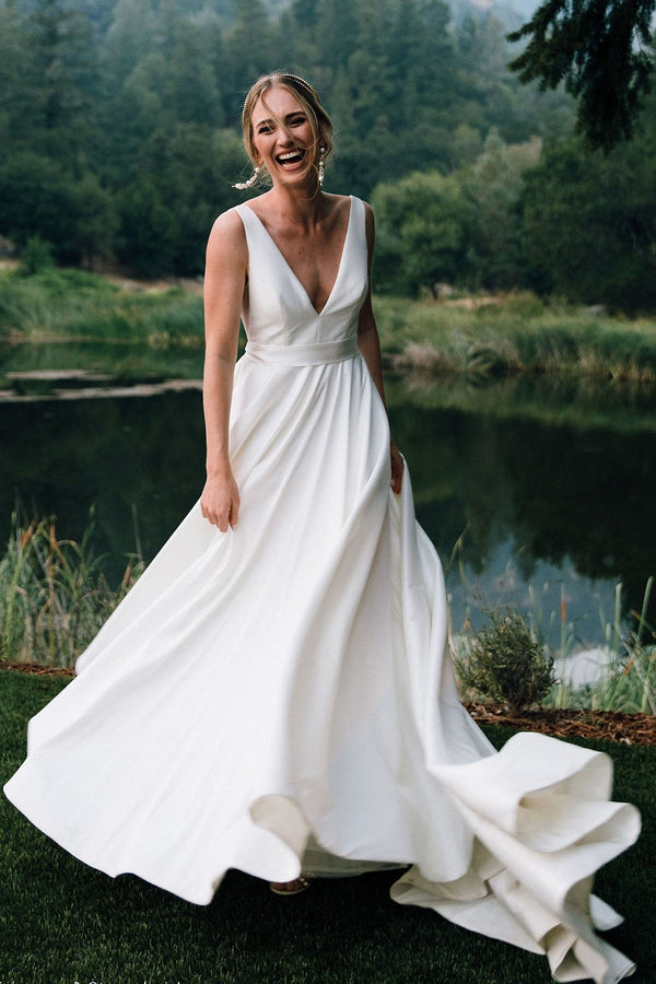 Pure Satin V-neck Backless Summer Beach Wedding Dress