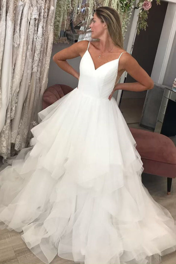 Sexy Backless Spaghetti Straps V-neck Tiered Ruffles Fluffy Wedding Dress