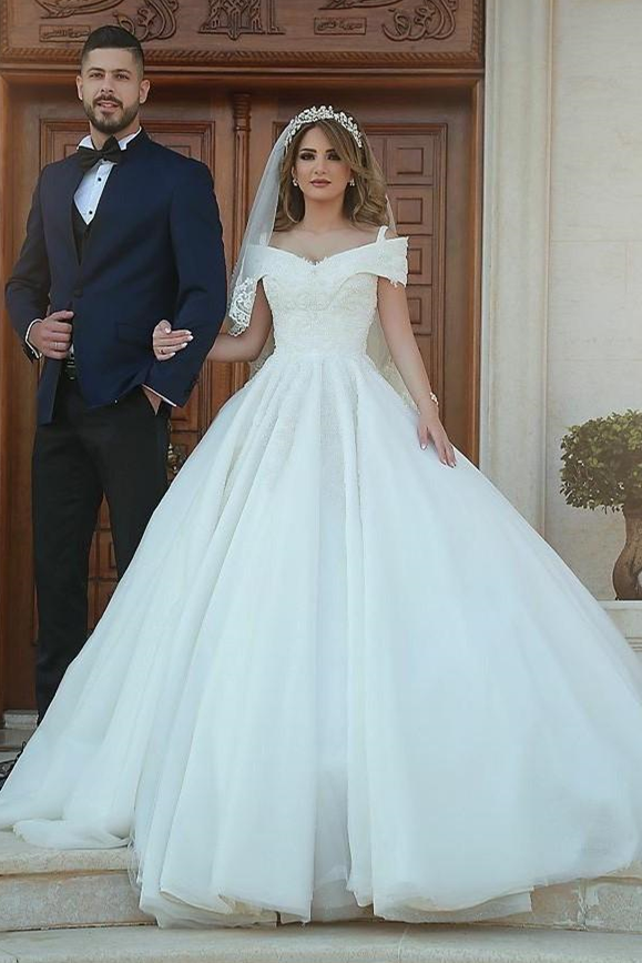 Off The Shoulder Straps Fluffy Tulle Ball Gown Wedding Dress