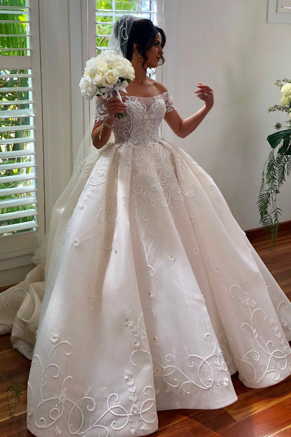 Off The Shoulder Tulle Beaded Appliques Ball Gown Wedding Dress