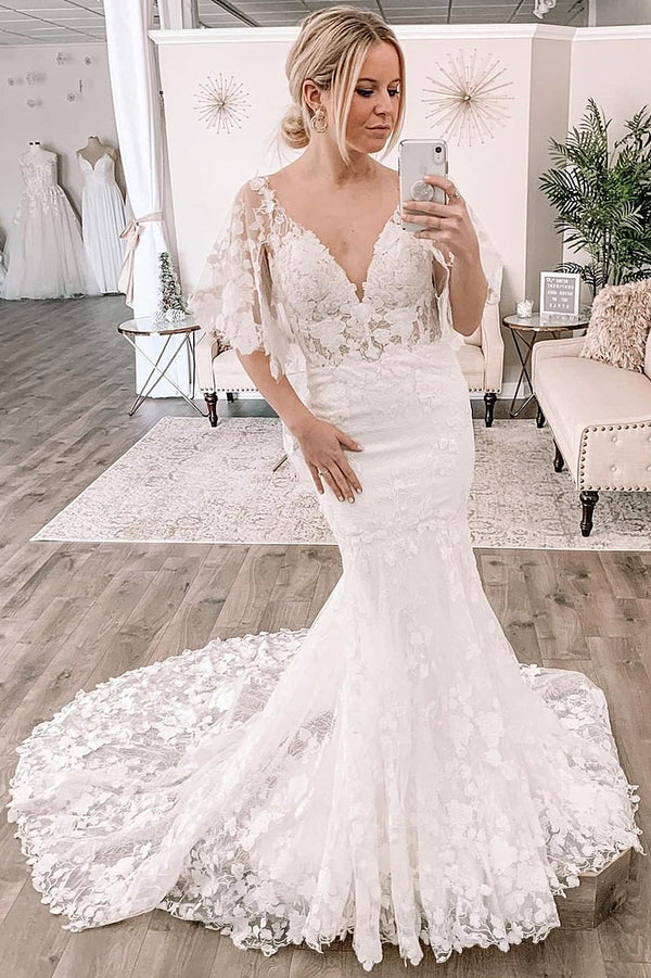 Mermaid Deep V-neck Court Train Lace Sexy Bridal Wedding Dress