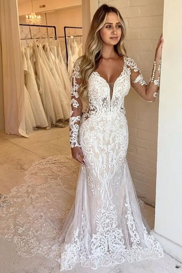 Long Sleeve Skintight Lace Bride Wedding Dress with Court Train