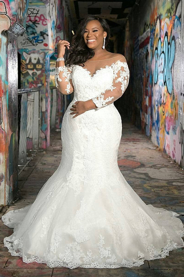 Plus Size Lace Long Sleeve Mermaid Wedding Dress for Bride