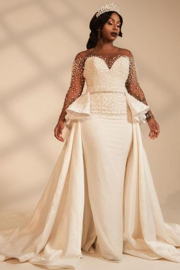 Handmade Pearls Long Sleeve Sparkling Sheath Wedding Dress with Overskirt