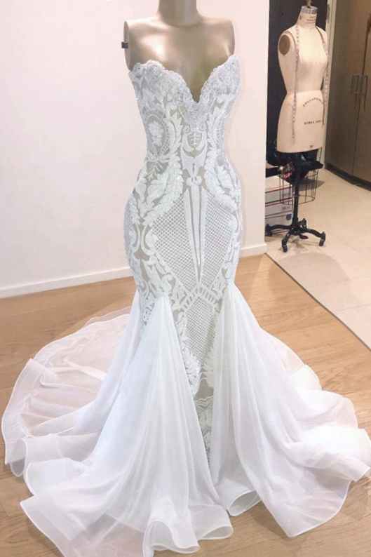 Sexy Strapless Skintight Mermaid Lace Wedding Dress for Bride