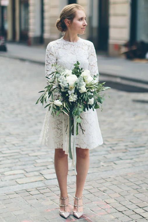 Chic Long Sleeve Simple Lace Short Wedding Dress for Bride