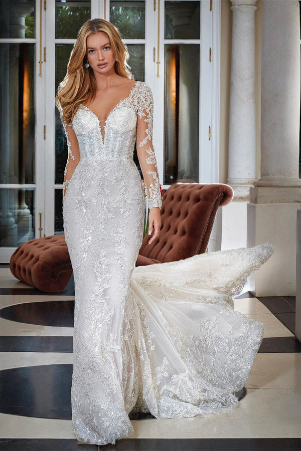 Classic Mermaid Long Sleeve Open Back Lace Appliques Wedding Dress