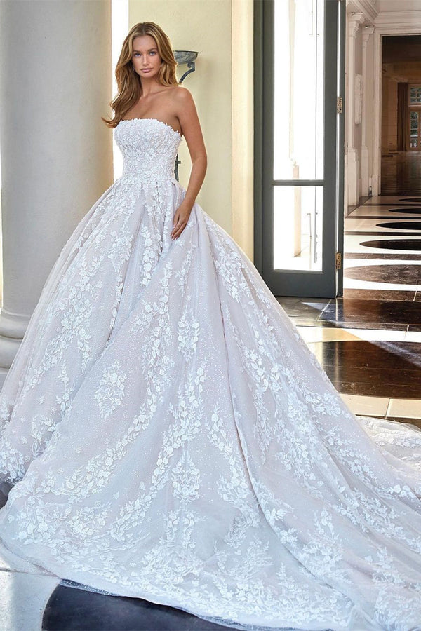 Princess Strapless Open Back Lace Appliques Wedding Dress with Sequins