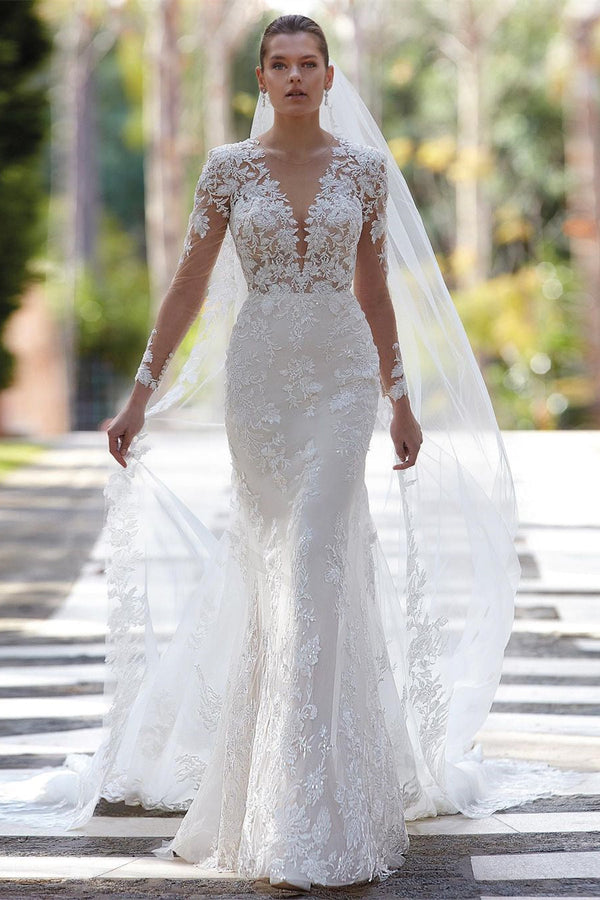 Elegant Long Sleeve Mermaid Lace Appliques Scoop Tulle Wedding Dress