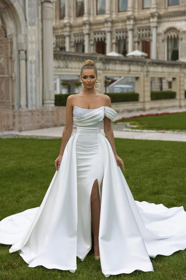 One Shoulder Beadings Open Back Split Satin Overskirt Wedding Dress