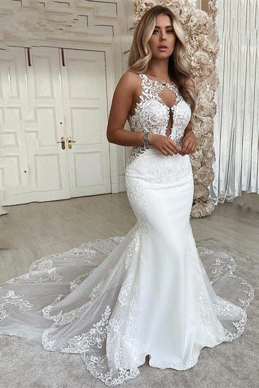 Halter Open Back Sexy Keyhole Mermaid Lace Wedding Dress Online