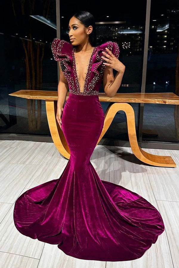 New Arrival Burgundy Velvet Mermaid Sleeveless Prom Dresses with Beads