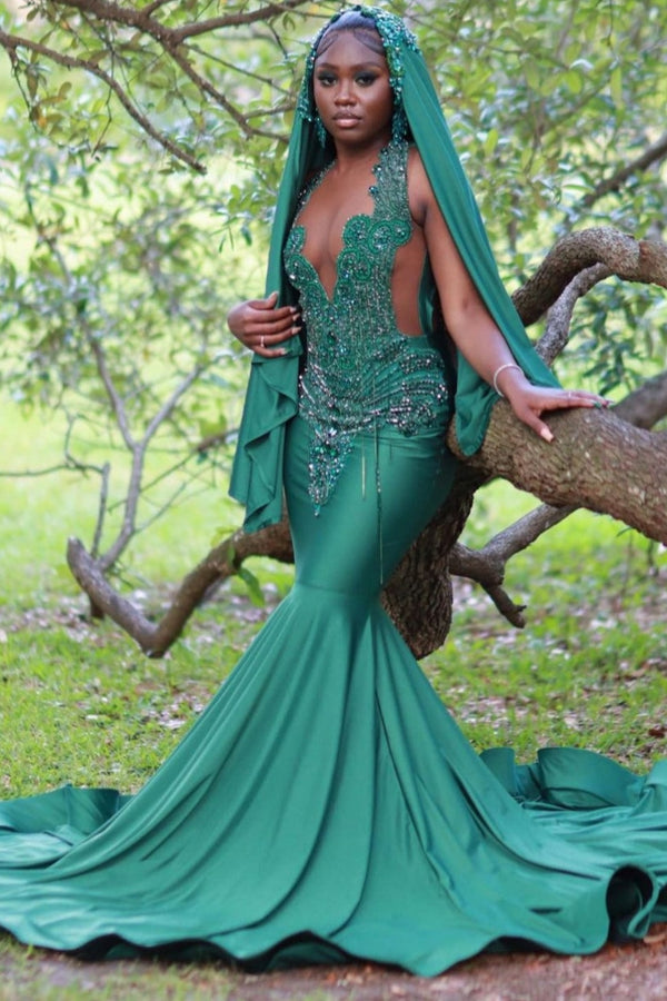 Newest Green Sleeveless Crystal Mermaid Jewel Prom Dress