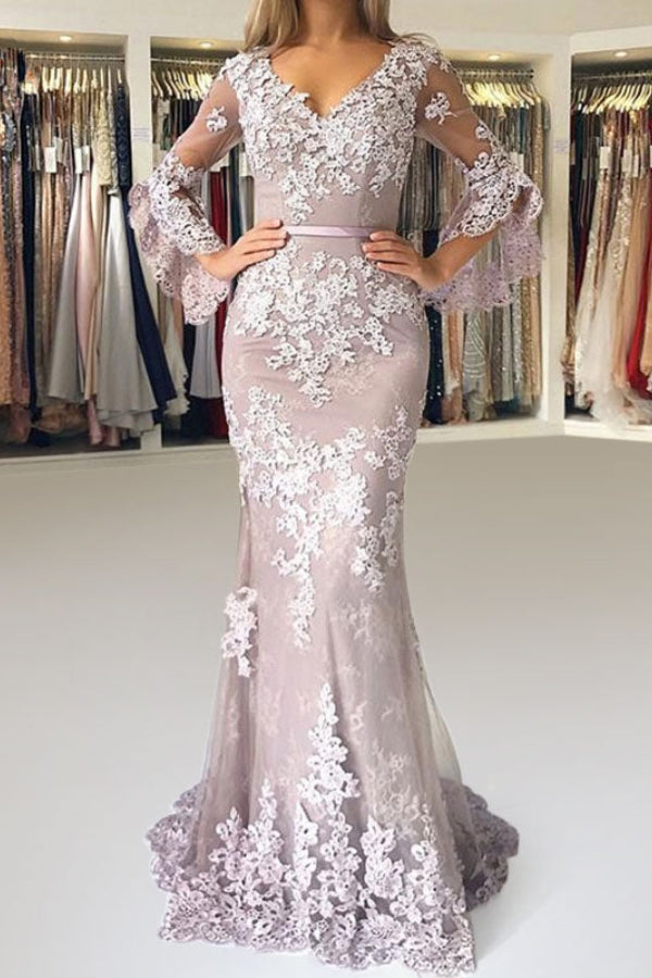 Elegant Lace Appliques 2/3 Sleeves V-Neck Mermaid Evening Dress