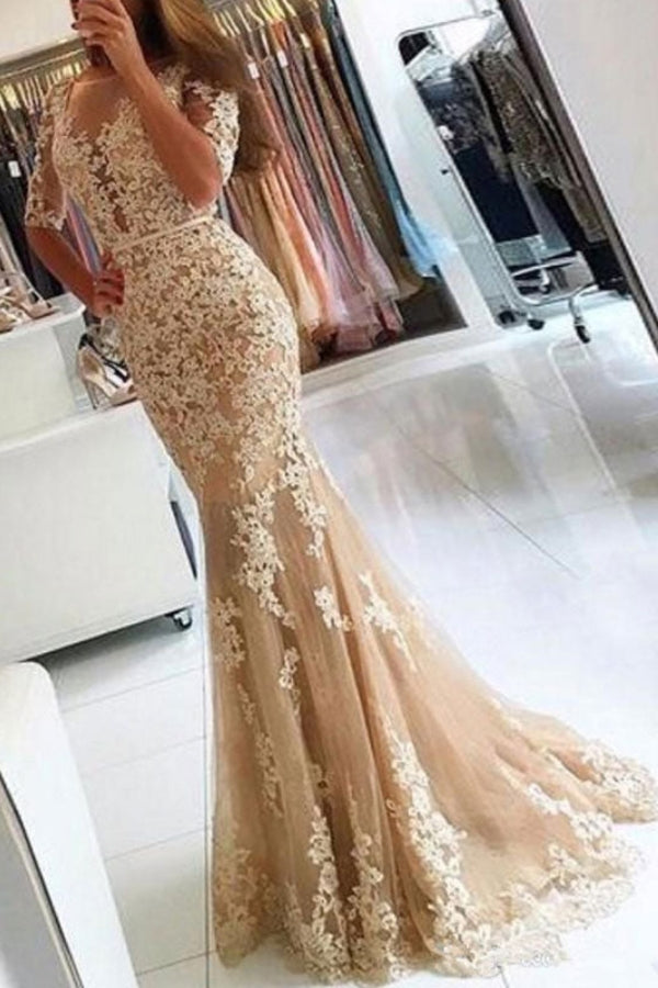 Champagne Lace Appliques Half Sleeves Mermaid V-Neck Evening Dress