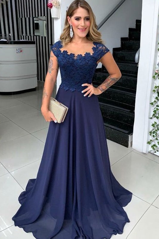 Trendy Navy Blue Cap Sleeves Lace A-Line Mother Dresses