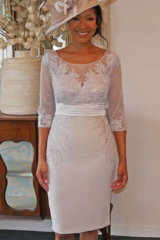 Light Gray Half-sleeves Sheath Appliques Ruffles Mother of the Bride Dresses