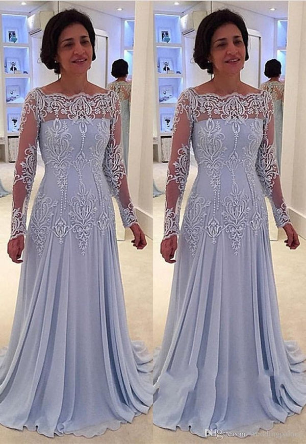 Fashion Sky Blue Lace Long Sleeves A-Line Bateau Mother of Bride Dress