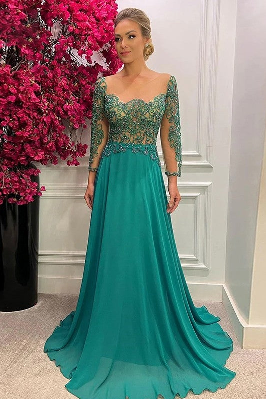 Glamorous Green Scoop 2/3 Sleeves Appliques A-Line Mother Dress