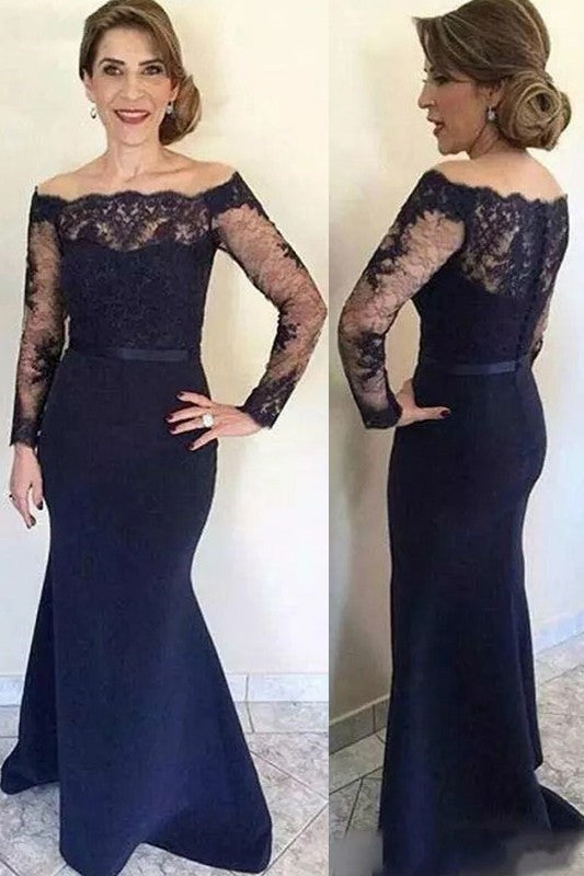 Cool Navy Blue Off Shoulder Lace Long Sleeves Mother Dress