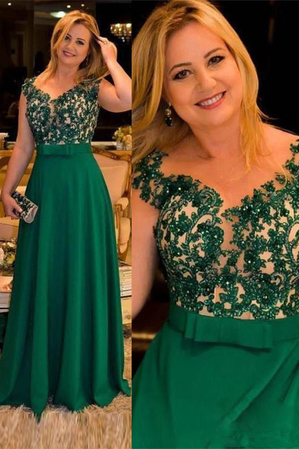 Elegant Green Cap Sleeves Appliques Beads Mother of Bride Dress