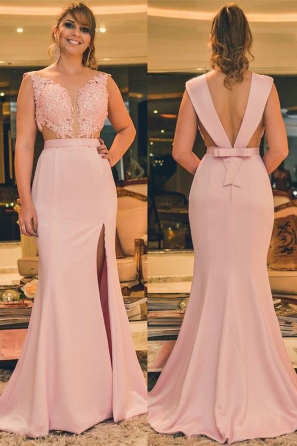 Lovely Pink Appliques Open Back Side Slit Mermaid Mother of the Bride Dress