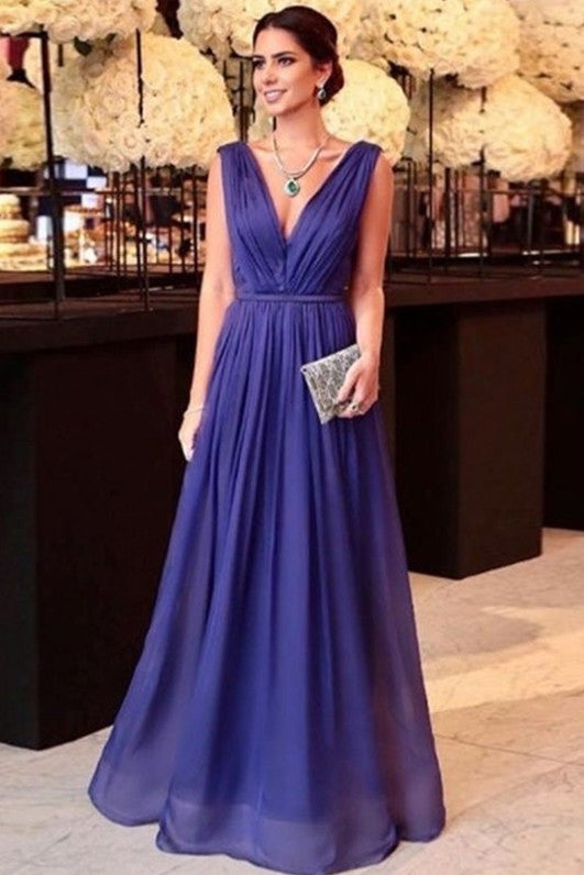 Dark Blue V-Neck Ruffles Sleeveless A-Line Mother of the Bride Dress