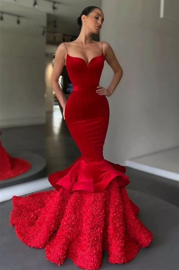 Glamorous Red Spaghetti Straps Mermaid Tiered Prom Dress