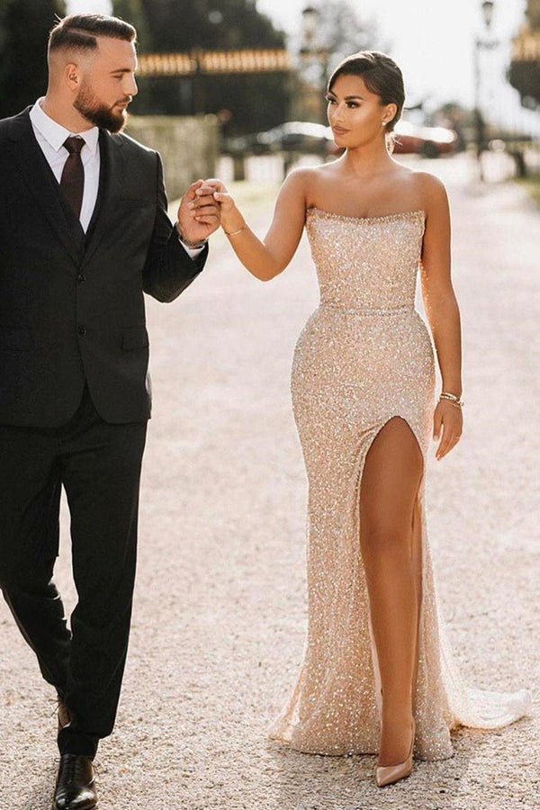 Champagne Sequins Strapless Side Slit Sheath Prom Dress