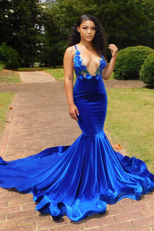 Royal Blue Spaghetti Straps Appliques Mermaid Velvet Prom Dress