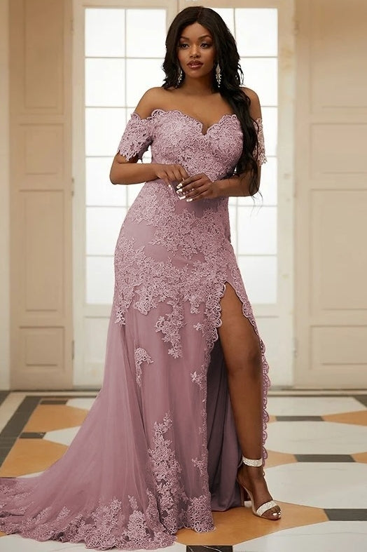 Pink Off Shoulder Tulle Appliques Side Slit Bespoke Prom Dresses