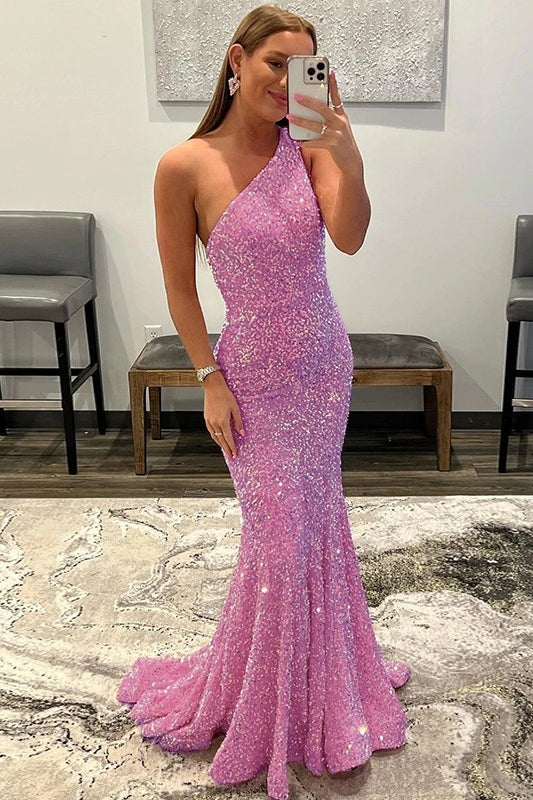 Candy Pink Backless Sequins Sheath One Shoulder Prom Dress