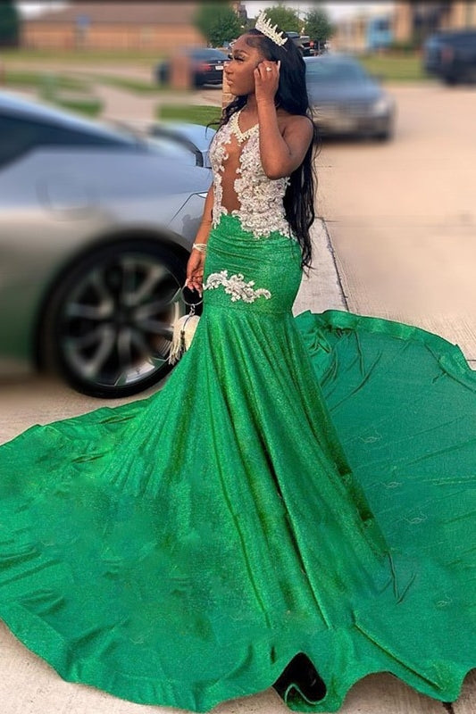 Sexy Green Mermaid Appliques Sleeveless Prom Dress with Beads