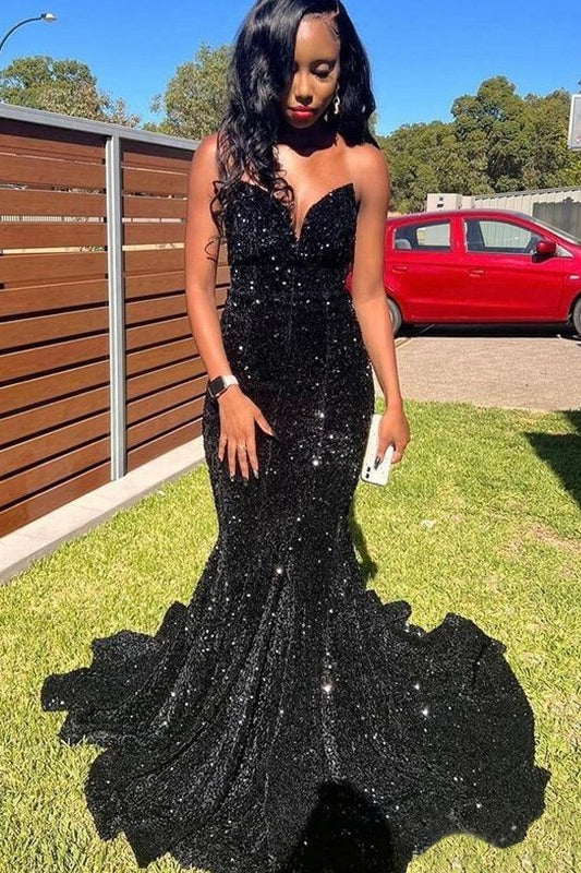 Chic Black Sequins Sweetheart Mermaid Simple Prom Dresses