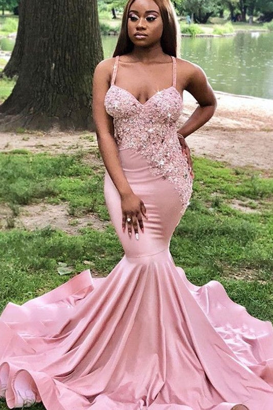 Glamorous Blushing Pink Straps Appliques Sequins Mermaid Prom Dresses