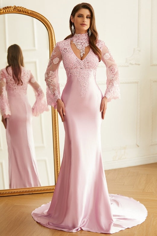 Elegant Pink V-Neck Lace Long Sleeves Sheath Prom Dress