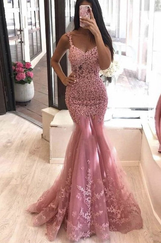 Dusty Pink Tulle Appliques Mermaid Sexy Prom Dress