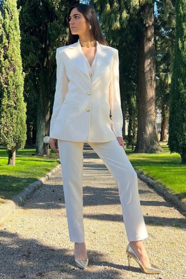 Cool White Three Pieces Peaked Lapel Women Suits with Gold Buttons