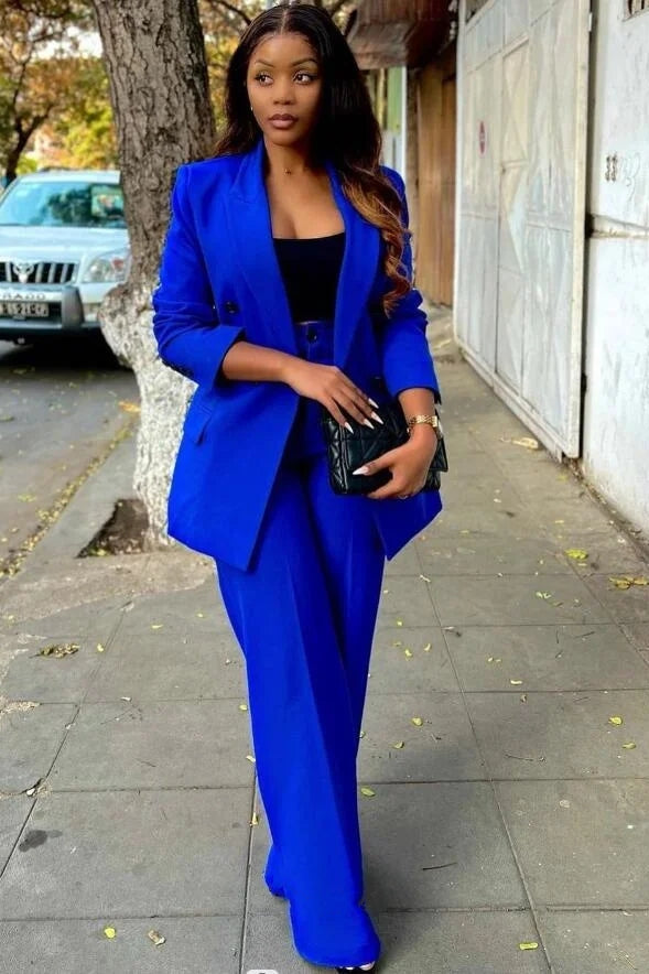 Chic Royal Blue Peaked Lapel Double Breasted Two Pieces Women Suits